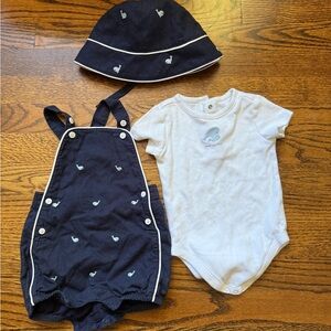 Janie and Jack Navy and White Whale Romper Set with Bucket Hat